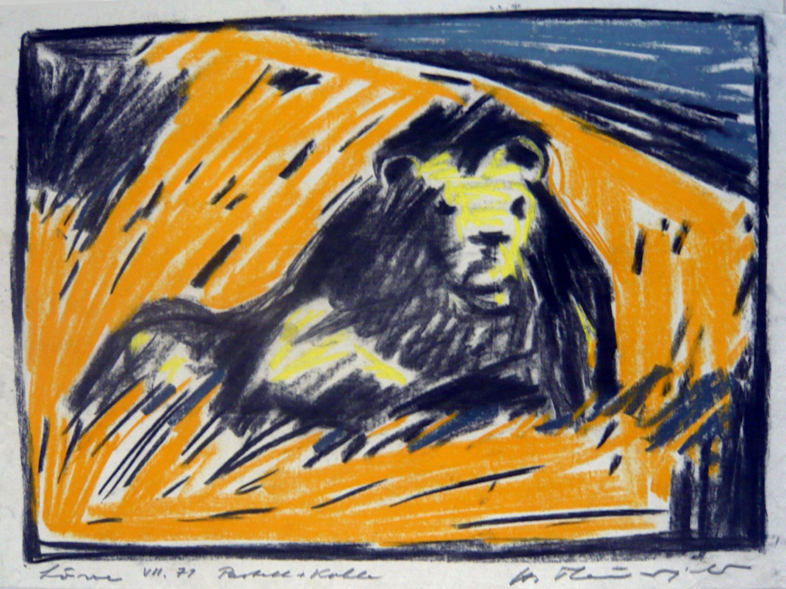 Liegender Löwe im orangen Gras – Juli 1971