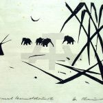 Holzschnitt Elefanten im Busch